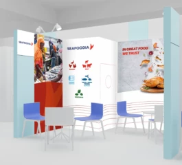Création de stands pour différents salons où intervient Seafoodia. Conseil créatif et d’espaces. Privilégier le blanc, usage au maximum des couleurs éco-concues. Créations des visuels.